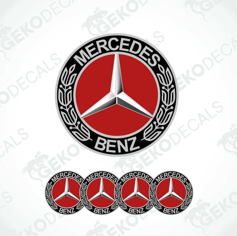 A set of four vinyl decals with a polyurethane coating featuring the Mercedes-Benz logo in red, black, and white colors.