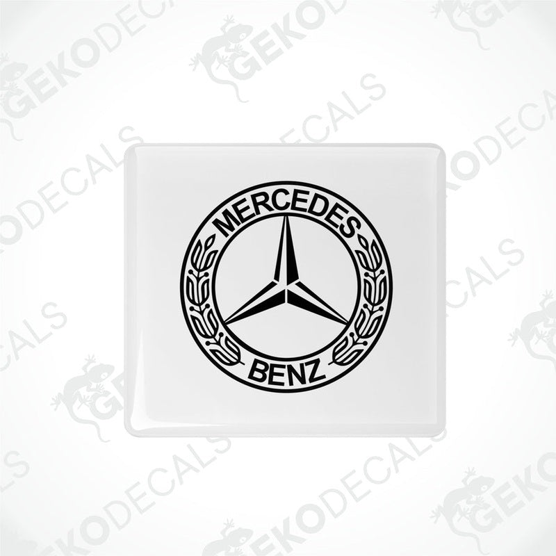 Black Mercedes-Benz domed epoxy vinyl decal with polyurethane coating