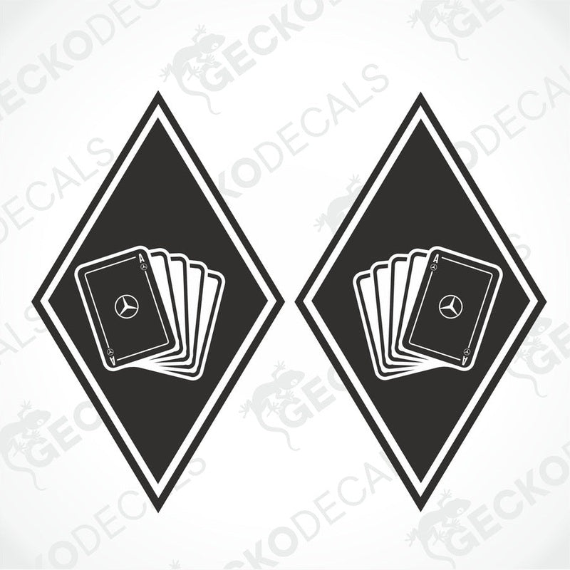 Two black decals with a diamond and a stack of cards design, with the Mercedes-Benz logo on the top of the cards.