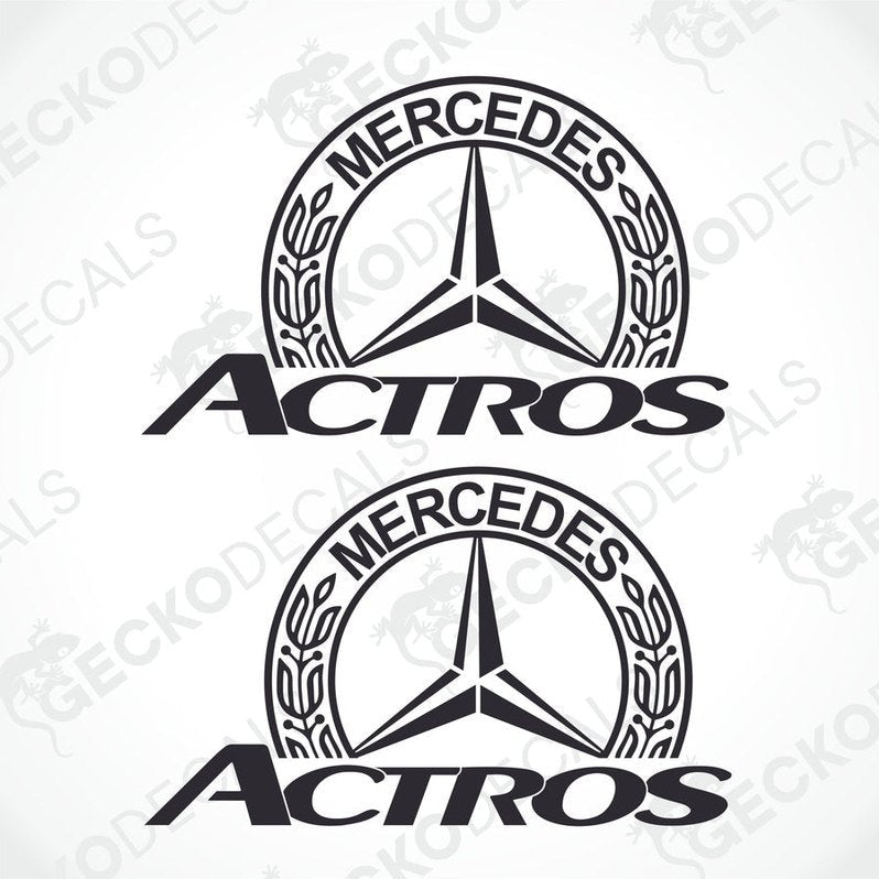 Two black and white vehicle decals with the word 'ACTROS' and the Mercedes-Benz logo.