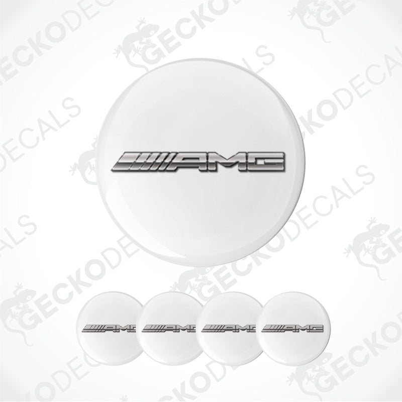 Set of white circular AMG logos on a white background with 'Gecko Decals' branding.