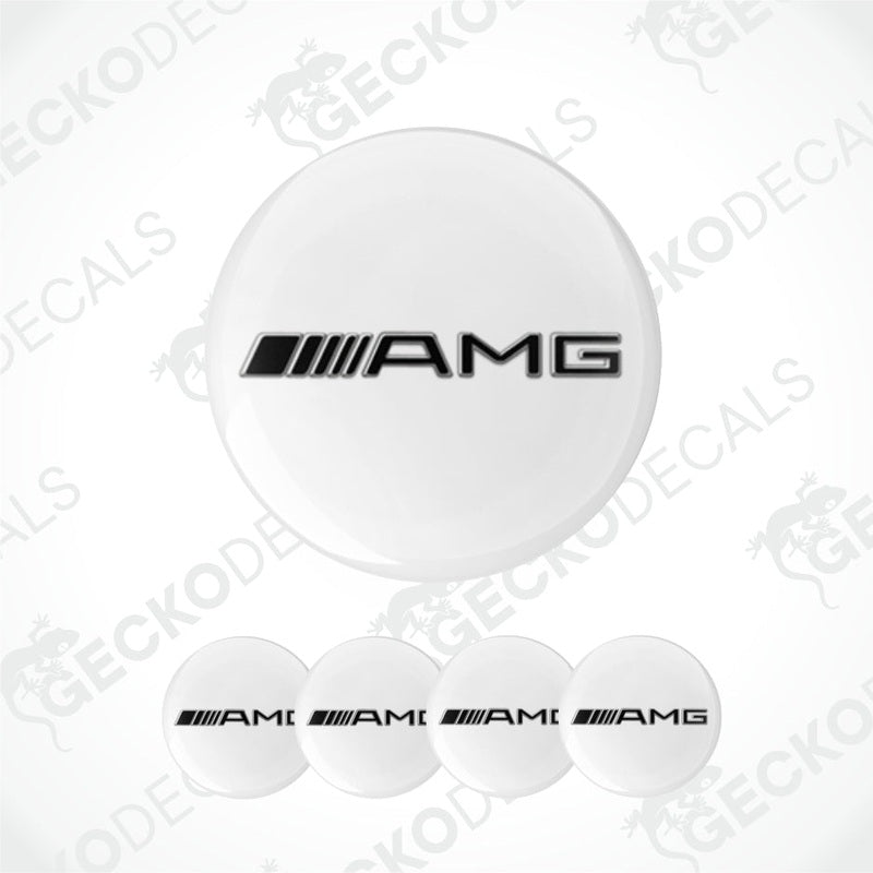White circular stickers with AMG logo on a white background