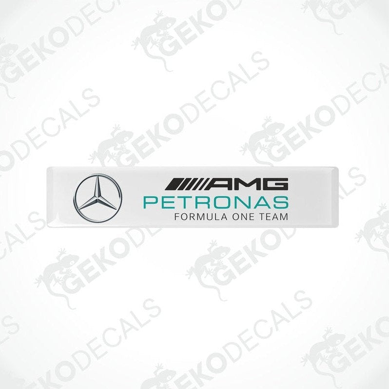 Vinyl decals with a polyurethane coating featuring the AMG PETRONAS Formula One Team logo in white, silver, and green colors.