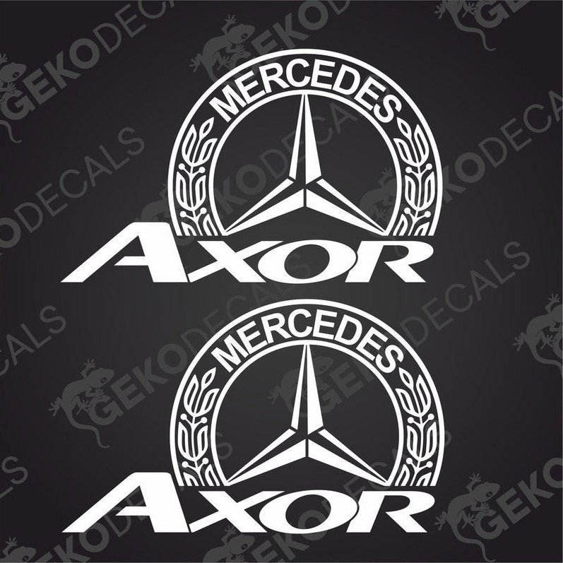 Two decals with the word 'AXOR' and a half of a Mercedes-Benz logo.
