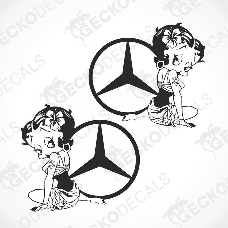 Die cut stickers depicting a stylized character with the Mercedes-Benz logo, intended for use as vehicle decals.