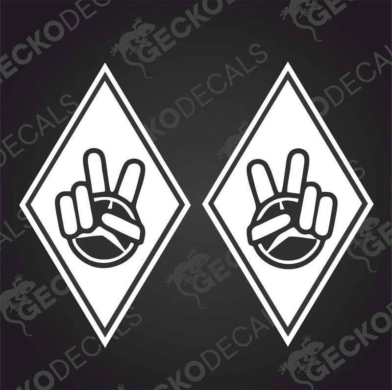 Two white diamond-shaped vehicle decals with a hand gesture design, intended for use as stickers on vehicles.