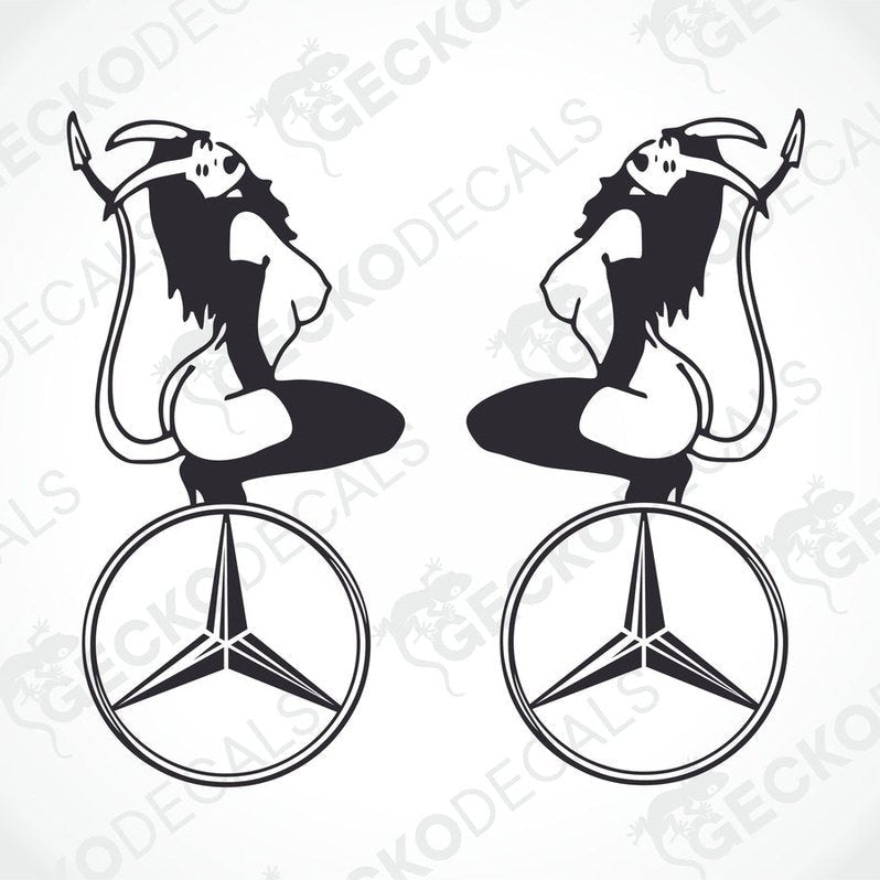 A pair of black and white die cut decals featuring a stylized devilish figure sitting on a unicycle, with the Mercedes-Benz star logo replacing the traditional bicycle wheel.