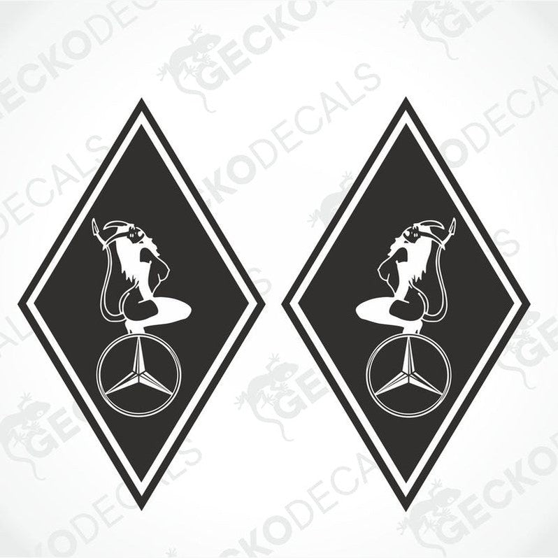 Two black and white vehicle decals of a mercedes-benz logo, one with the benz logo upright and the other with the logo on its side.