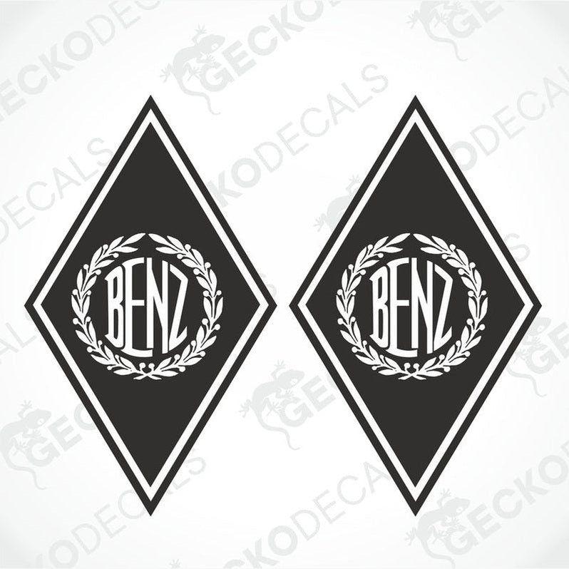Two black and white diamond-shaped decals with the Mercedes-Benz logo and the word 'BENZ' inside them, surrounded by a laurel wreath.
