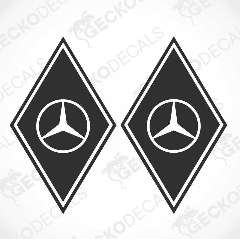 Two black diamond-shaped vehicle decals with the Mercedes-Benz logo in white.