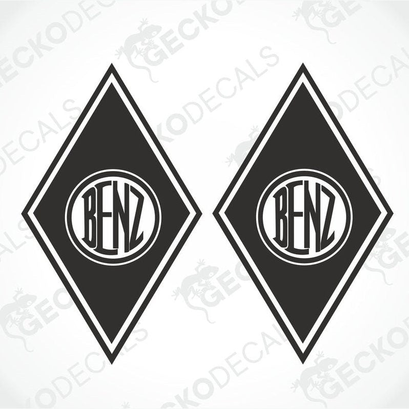 Two black and white diamond-shaped vehicle decals with the BENZ logo.