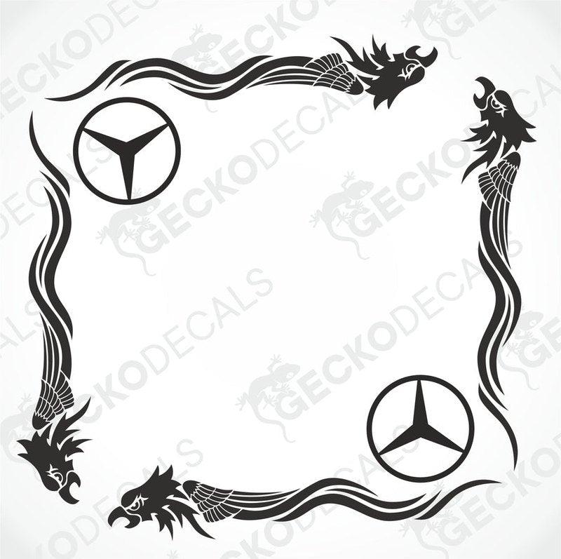 A black and white image of a die-cut decal set for Mercedes-Benz vehicles, featuring tribal eagle designs for side window placement.