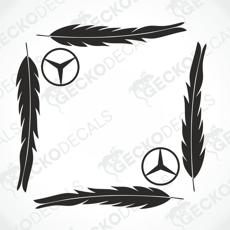 A set of black feather-shaped decals with Mercedes-Benz logos at the center, intended for vehicle window decoration.
