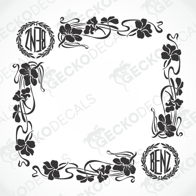 A black and white image of a die-cut floral decal with the Mercedes-Benz logo, designed for use on side windows of vehicles.
