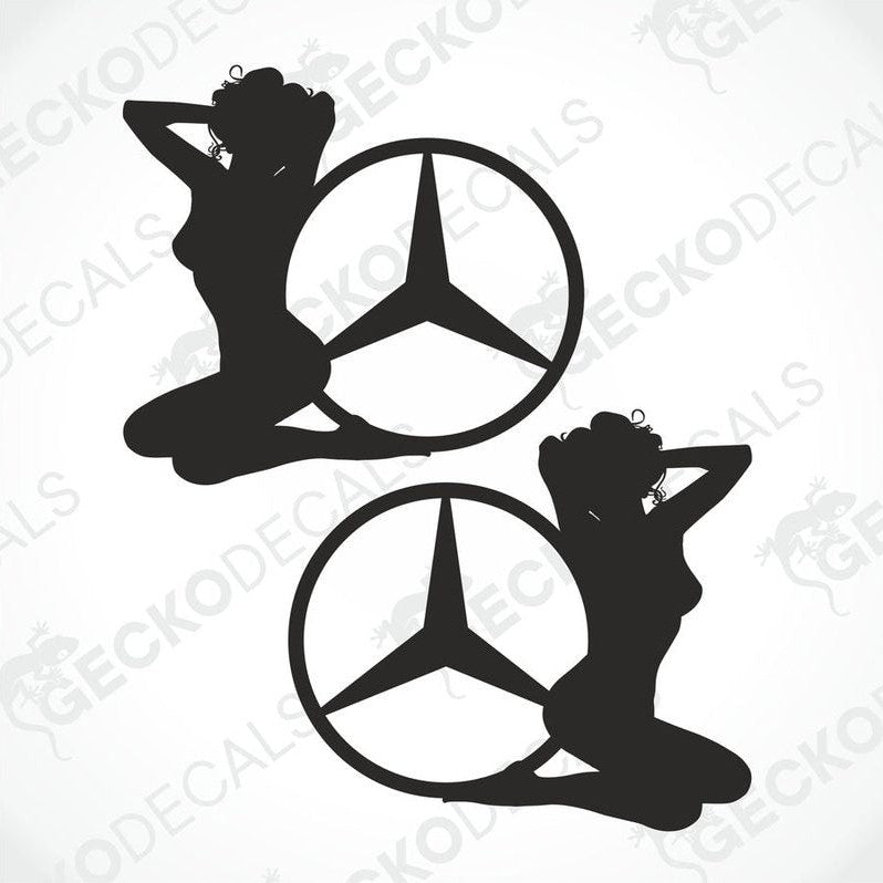This image displays a set of two die-cut decals titled "Mercedes-Benz Girl," suitable for application on both interior and exterior surfaces. Each decal features a stylized silhouette of a woman sitting beside the iconic Mercedes-Benz star logo, designed in a black and white motif.