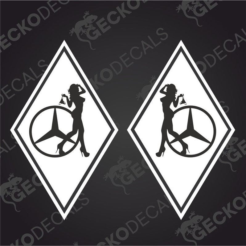 A pair of white decals featuring a silhouette of a girl with a diamond shape and the Mercedes-Benz logo inside it.
