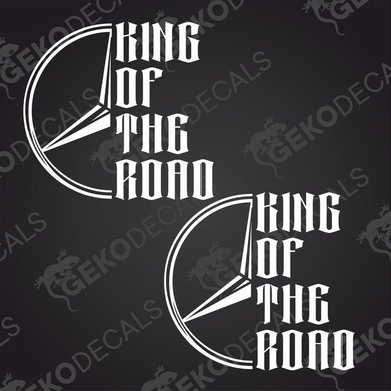 Two black and white die cut stickers with the text 'KING OF THE ROAD' and a Mercedes-Benz logo.