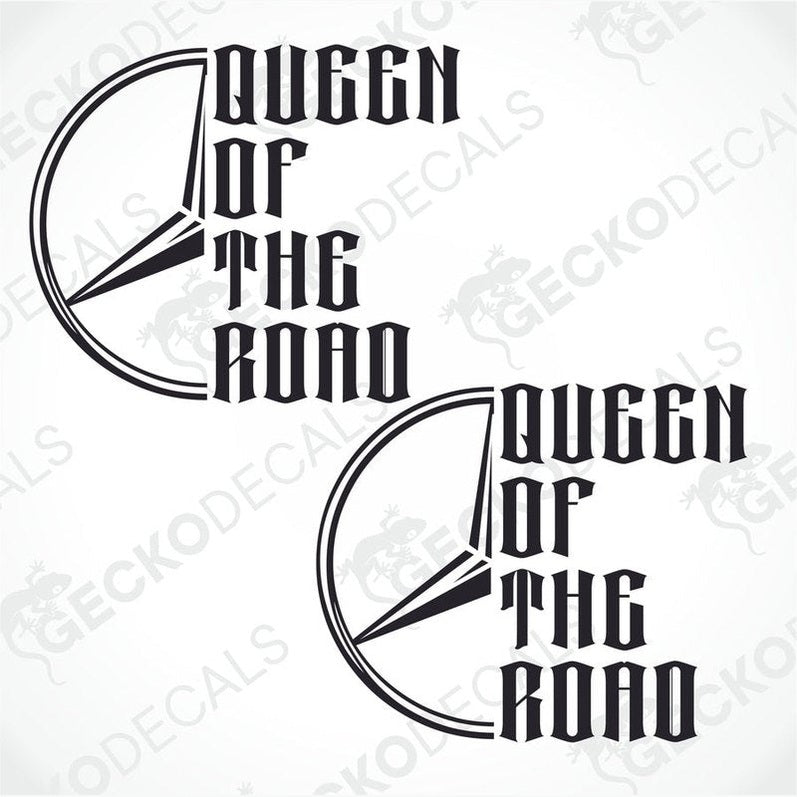 Two black and white die cut stickers with the text 'QUEEN OF THE ROAD' and a Mercedes-Benz logo.