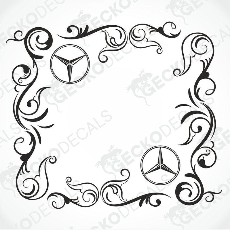 A set of black and white die cut stickers with a Mercedes-Benz logo and floral designs, intended for use on side windows of a truck.