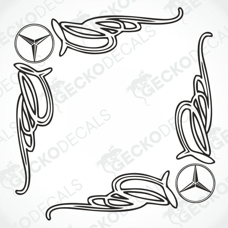 A set of two black side window decals for a Mercedes-Benz vehicle, featuring decorative swirls and the Mercedes-Benz logo.