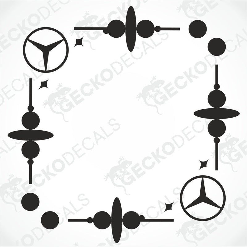 A set of black die cut stickers for side windows of a vehicle, including mercedes-benz and truck decals.