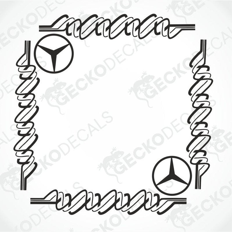 A set of two black Mercedes-Benz side window decals, designed with the brand's logo and stylized text elements.