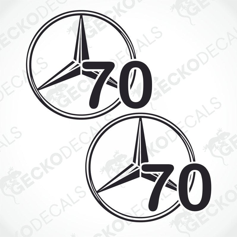 Two black and white die cut stickers with the text '70' and the star symbol from Mercedes-Benz, designed for use as vehicle decals.