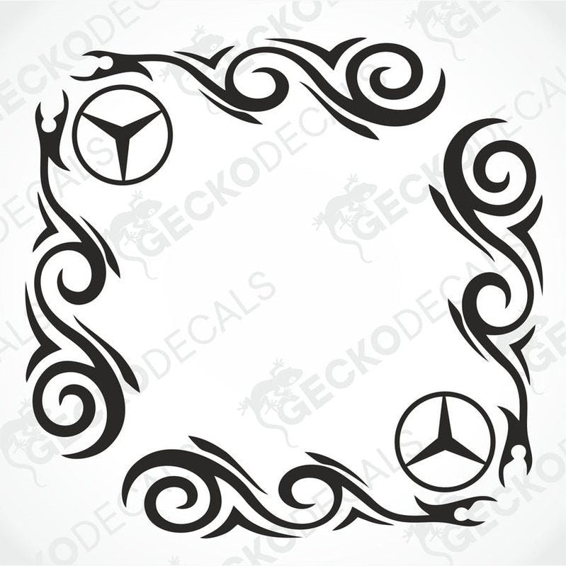 A die cut sticker with a tribal pattern design featuring the Mercedes-Benz logo, intended for use as a side window decal.