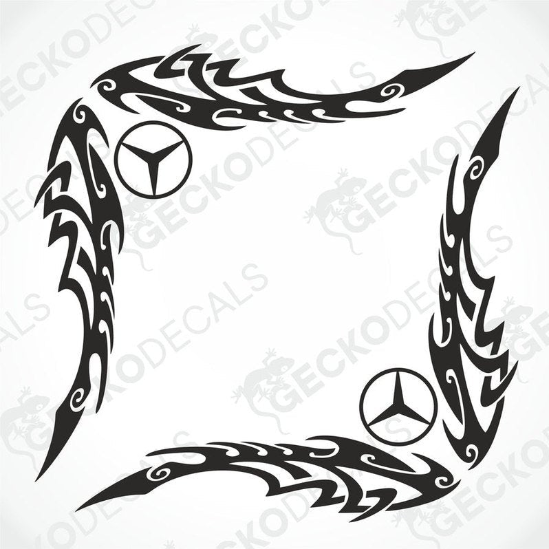 A pair of black tribal design side window decals for a vehicle, featuring the Mercedes-Benz logo.
