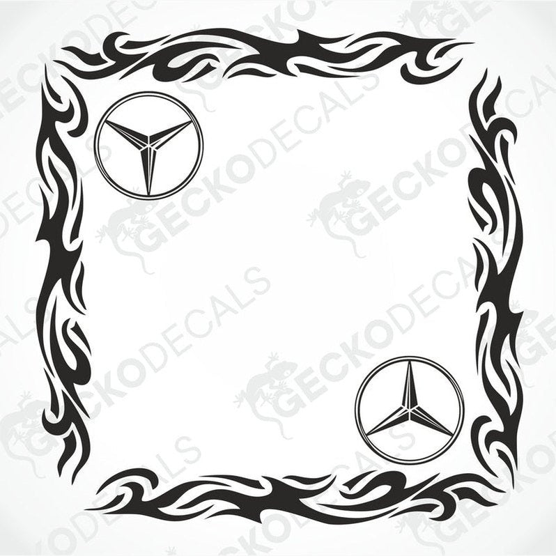 A black and white tribal patterned die cut sticker designed for vehicle side window placement, featuring the Mercedes-Benz star logo.