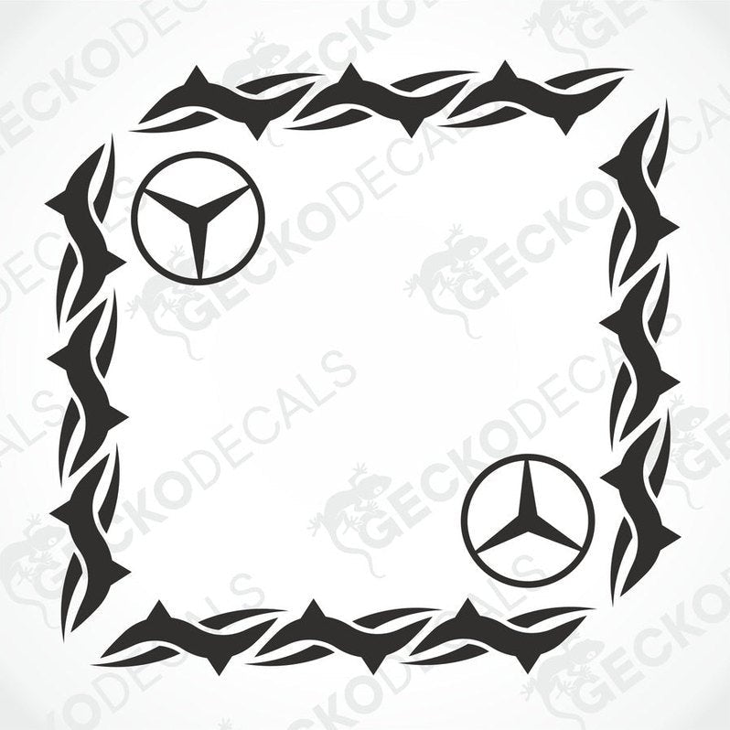A die cut decal with a tribal pattern design featuring the Mercedes-Benz star logo, intended for use on vehicle side windows.