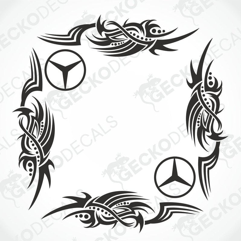 A set of two black tribal design side window decals for a vehicle, featuring the Mercedes-Benz logo.