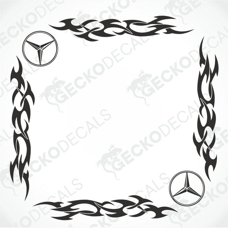 A set of tribal style side window decals for a Mercedes-Benz vehicle, featuring black and white geometric patterns.