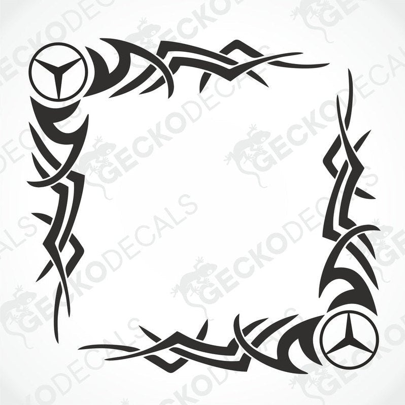 A black and white image of a die-cut tribal design decal with the Mercedes-Benz logo incorporated into the pattern.