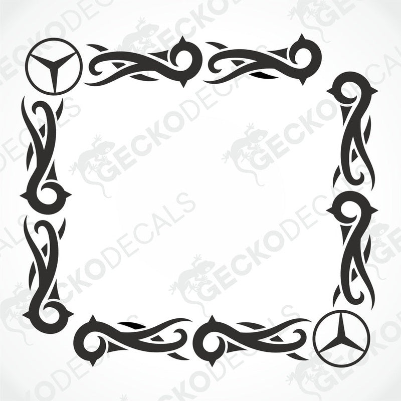 A black and white image of a die cut decal with a tribal pattern design for a vehicle's side window, featuring the Mercedes-Benz logo.