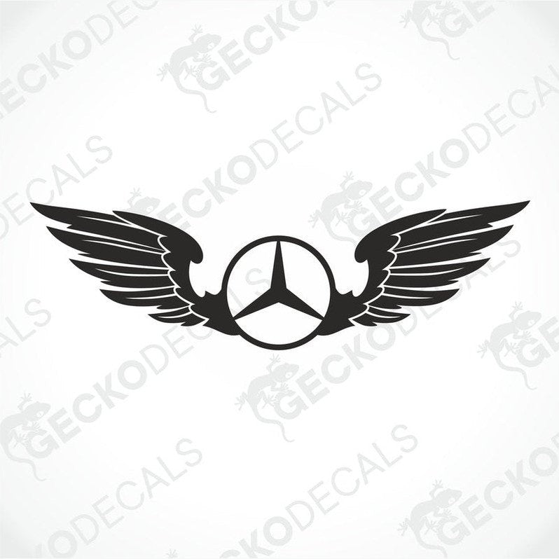 A black and white emblem of a Mercedes-Benz car with a stylized wing design.