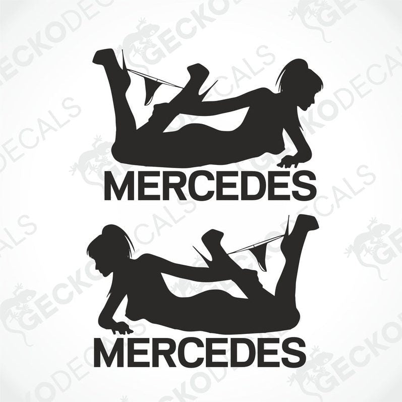 The image shows two black and white stickers. On the left sticker, there is a silhouette of a girl with a Mercedes logo on her leg, and on the right sticker, there is a silhouette of a girl with a Mercedes logo on her head.