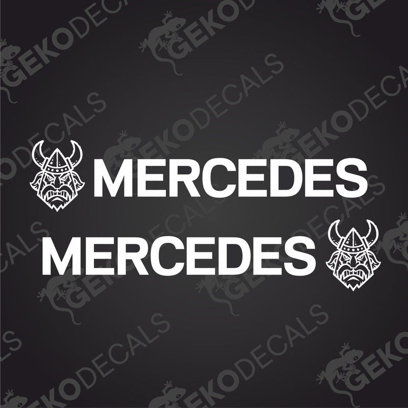 Two white decal stickers with the text 'MERCEDES' and a Viking helmet design, one for the left and one for the right side.