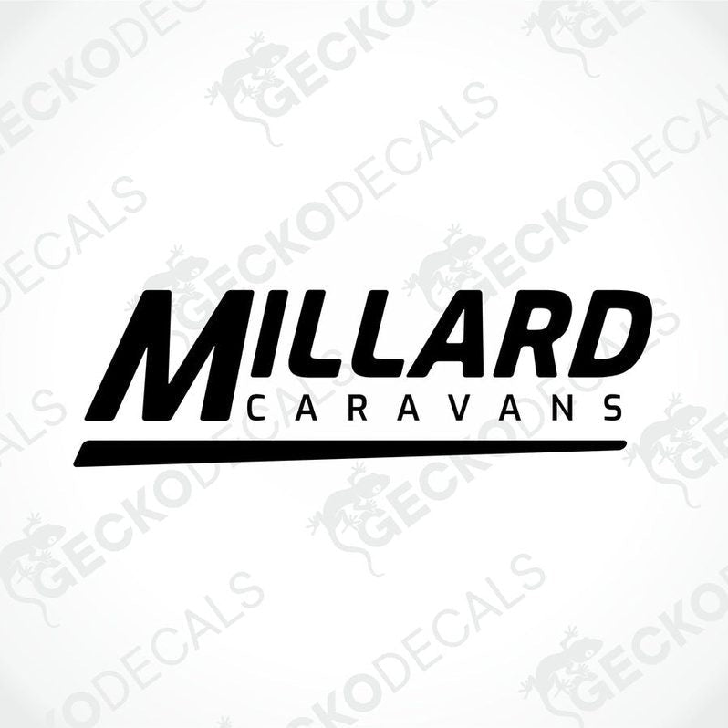 A black die cut sticker with the text 'MILLARD CARAVANS' and a graphical element resembling a caravan.