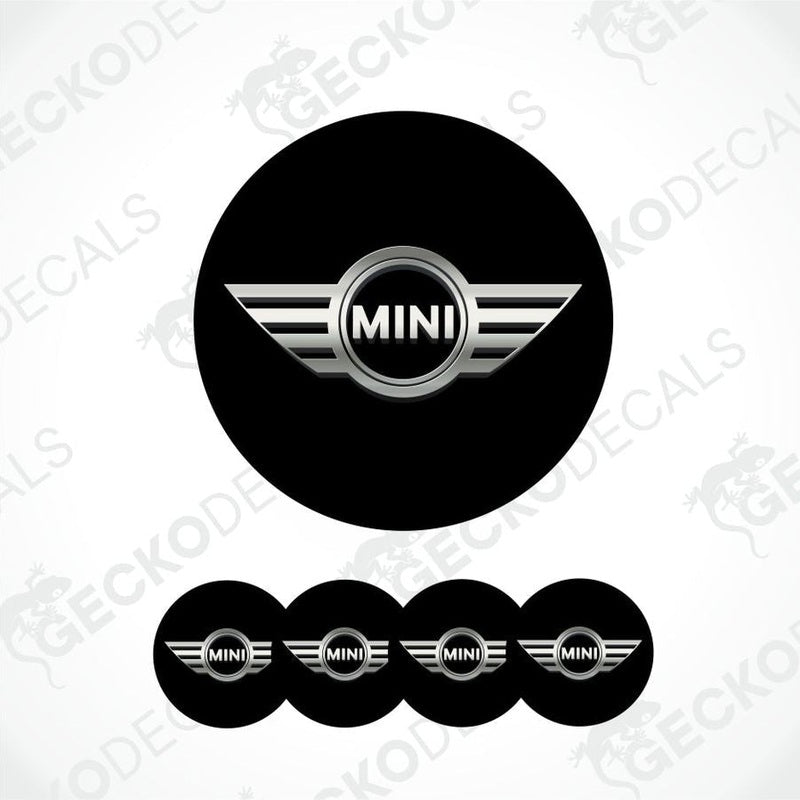 Mini logo and five black circular stickers with Mini logo on a white background.