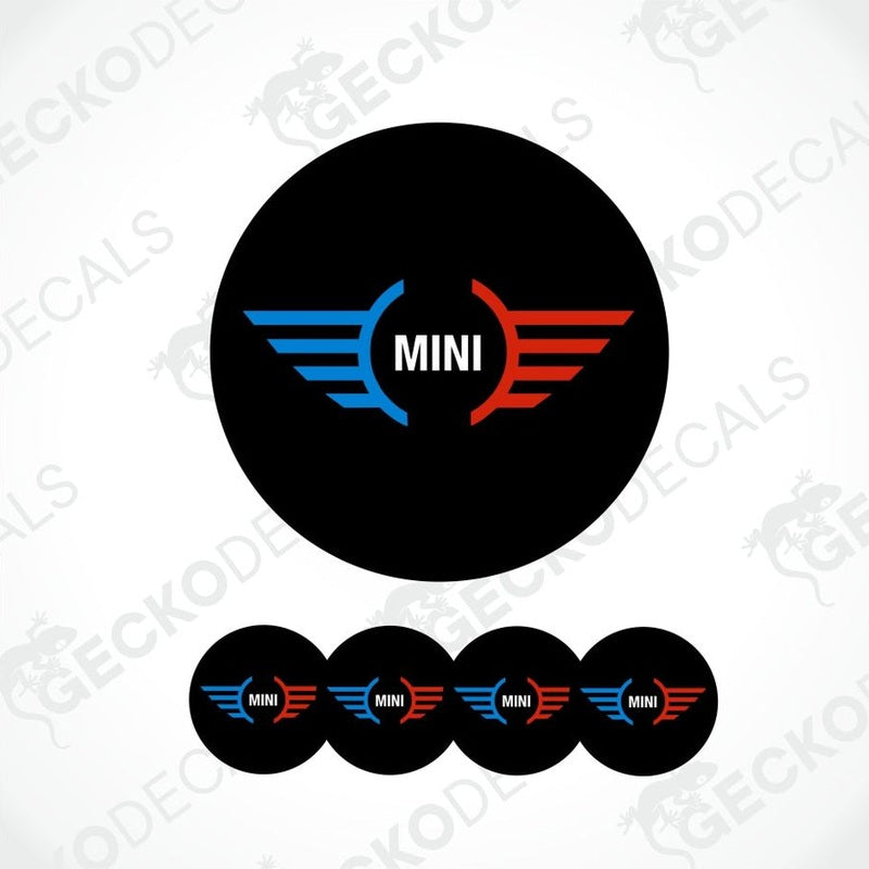 Mini logo with blue and red wings on a black circle, surrounded by additional logos on a white background.