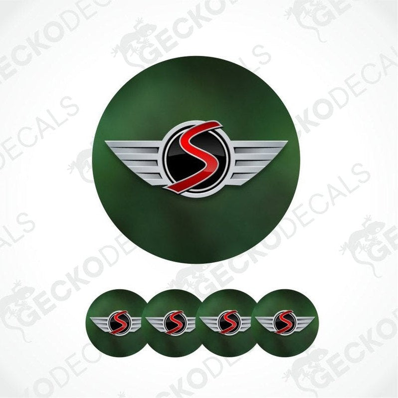 Circular logo with wings and a red accent on a green background, repeated below.