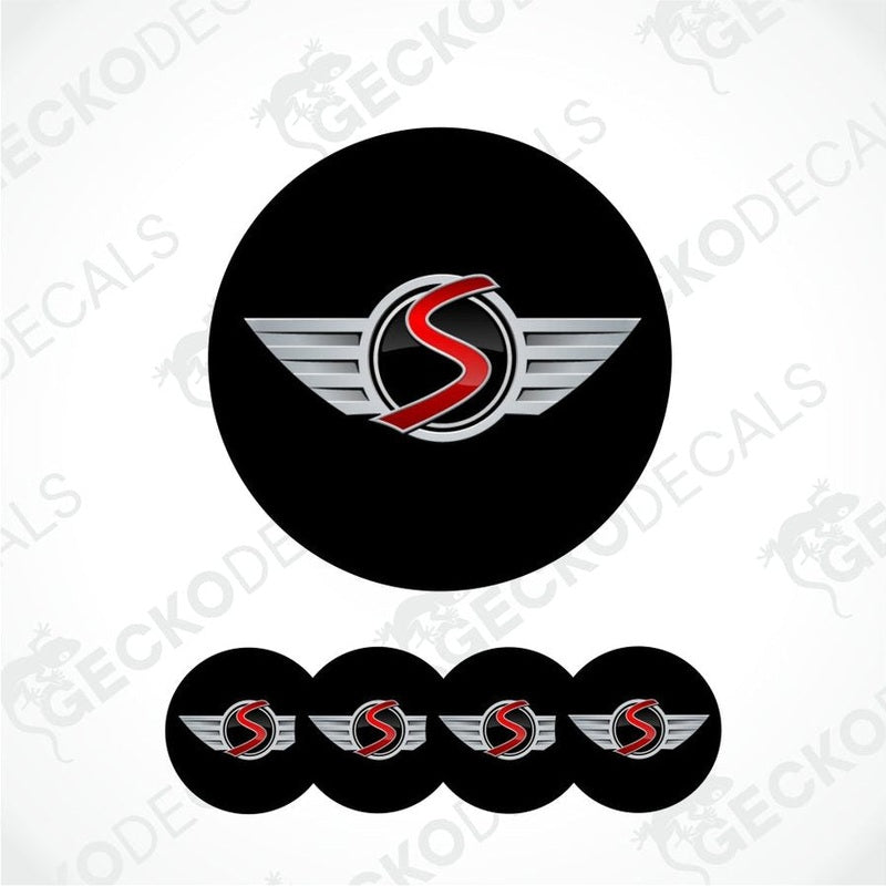 Black circular decal with a red and silver logo on a white background