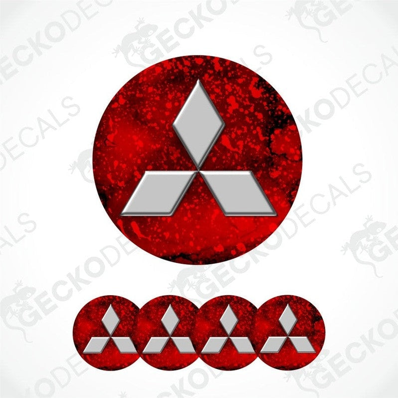 Red and silver Mitsubishi logo with multiple variations on a white background.