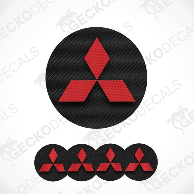 Red Mitsubishi logo on a black background with carbon fiber texture, featuring the brand 'Gecko Decals'.