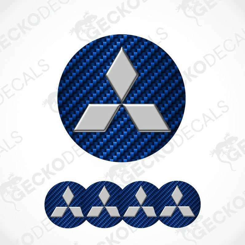 Mitsubishi logo with blue carbon fiber pattern on a white background