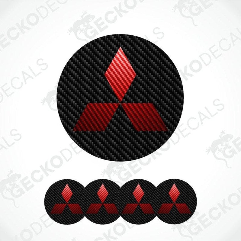 Carbon fiber pattern Mitsubishi logo decal on a white background