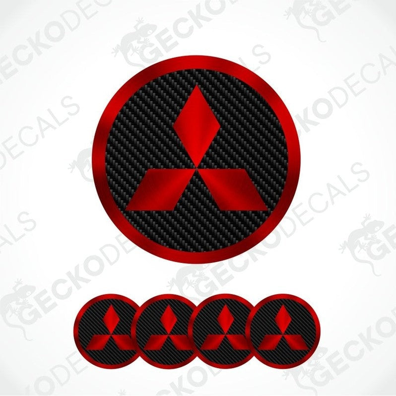 Carbon fiber pattern Mitsubishi logo decal on a white background with 'GECKODECALS' watermark.