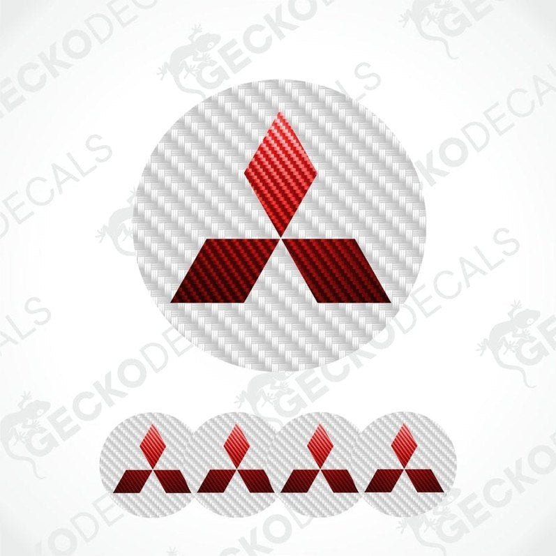 Red Mitsubishi logo on a carbon fiber pattern background