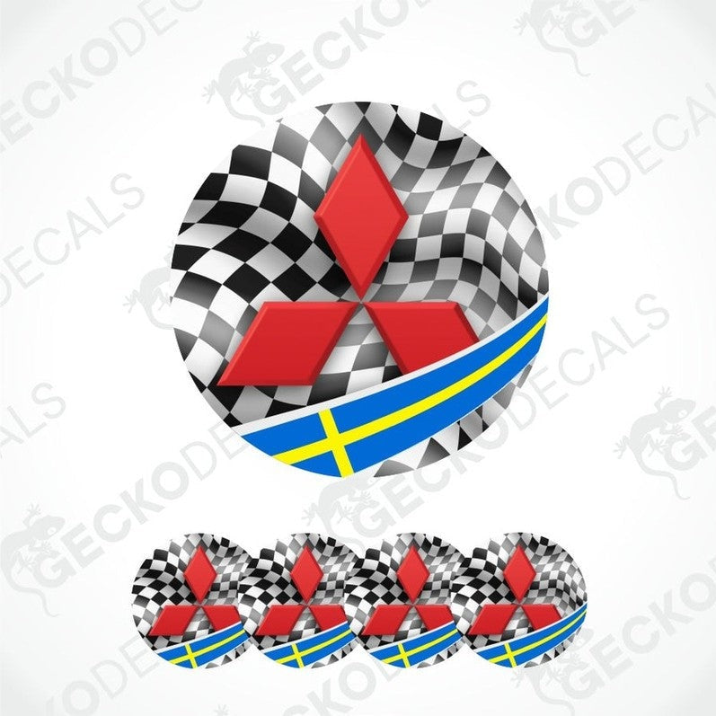 Mitsubishi logo with checkered pattern and Swedish flag on a white background
